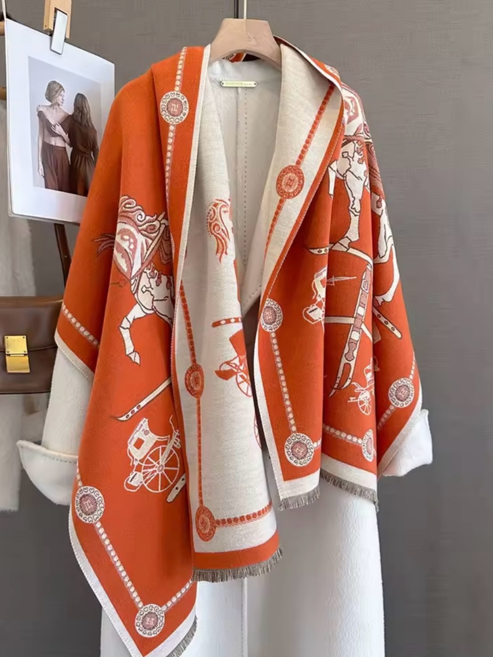 Women's Orange Printed Hooded Cape with Cream Trim